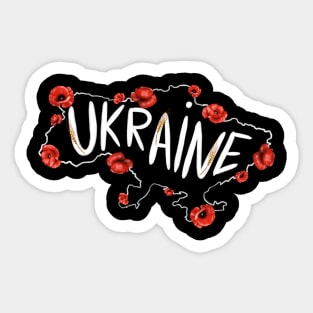 Map of Ukraine with red poppies and  text in English Ukraine. Sticker